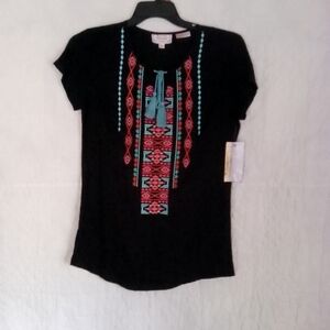 Embroidered Black Blouse with Red and Blue Accents